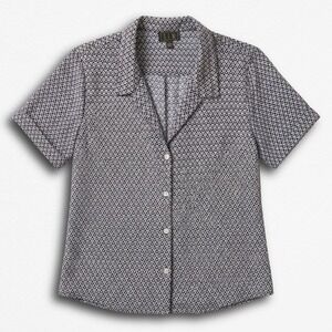 OLM Women Black White Geometric Diamond Print Short Sleeve Button Up Shirt L